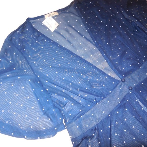 Blouse NEW Blue Polka Dot Sheer Cardigan Duster Top Short Sleeve blue shrug - Picture 9 of 9
